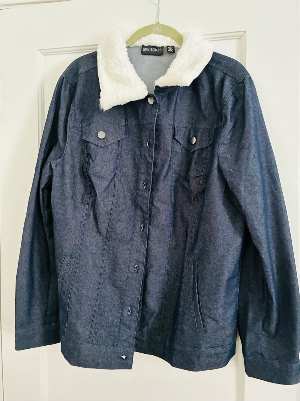 Nina Leonard Navy Jean Jacket with White Faux-Sherpa Collar